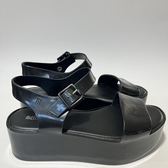 Melissa Women’s Mar Platform Sandals 7 Black Ankle Strap Buckle Retro 70’s Y2K - Picture 2 of 16